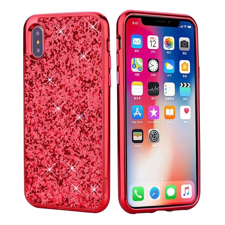 Detachable 2-in-1 Glittery Sequins PC Back + Electroplating PC Edge Case for iPhone X - Red-1