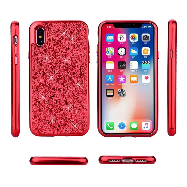 Detachable 2-in-1 Glittery Sequins PC Back + Electroplating PC Edge Case for iPhone X - Red-3