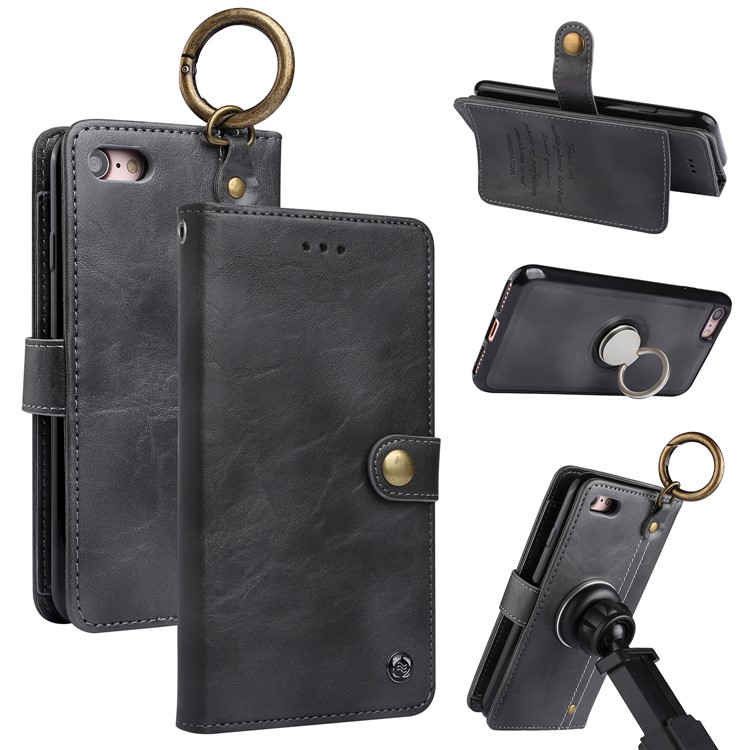 Detachable 2-in-1 Leather Wallet Case + Inner TPU Back Cover with Ring Holder Stand for iPhone 8/7 - Black-1