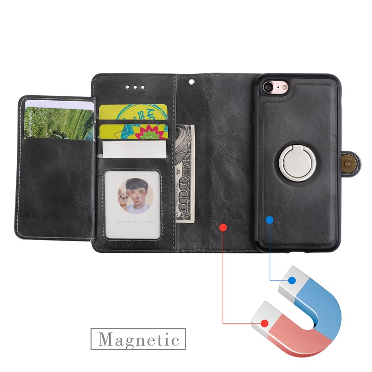 Detachable 2-in-1 Leather Wallet Case + Inner TPU Back Cover with Ring Holder Stand for iPhone 8/7 - Black-10