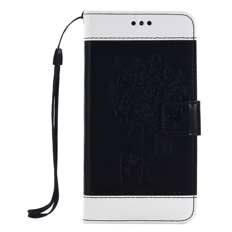 Bi-colour Imprint Birdcage Butterfly Tree Leather Wallet Stand Case with Strap for iPhone X - Black-1