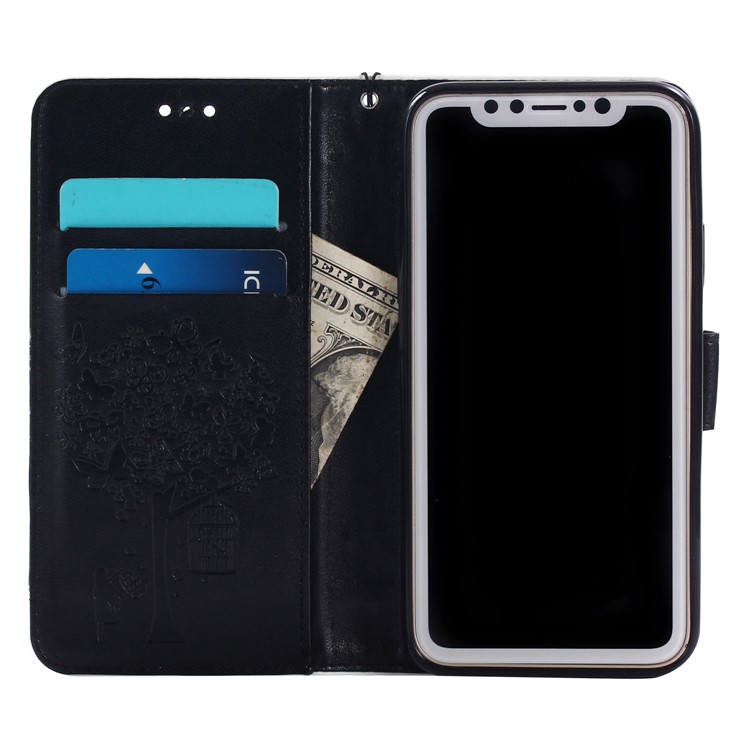 Bi-colour Imprint Birdcage Butterfly Tree Leather Wallet Stand Case with Strap for iPhone X - Black-3
