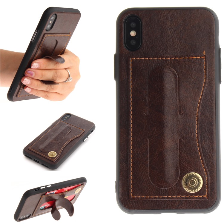 Card Holder PU Leather Coated TPU Phone Shell with Kickstand for iPhone X (Ten) - Coffee-1
