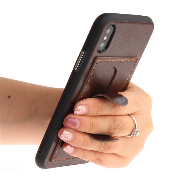 Card Holder PU Leather Coated TPU Phone Shell with Kickstand for iPhone X (Ten) - Coffee-3