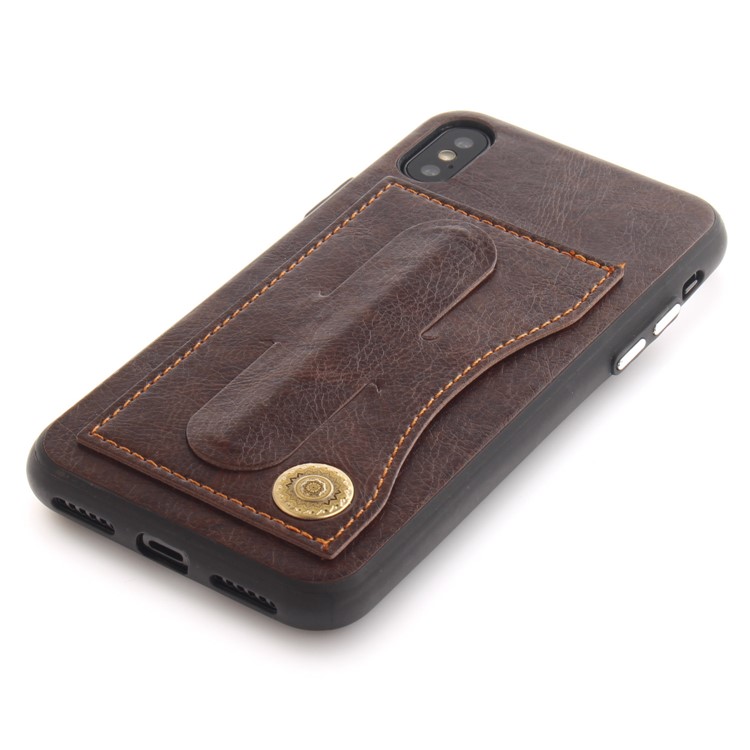 Card Holder PU Leather Coated TPU Phone Shell with Kickstand for iPhone X (Ten) - Coffee-5
