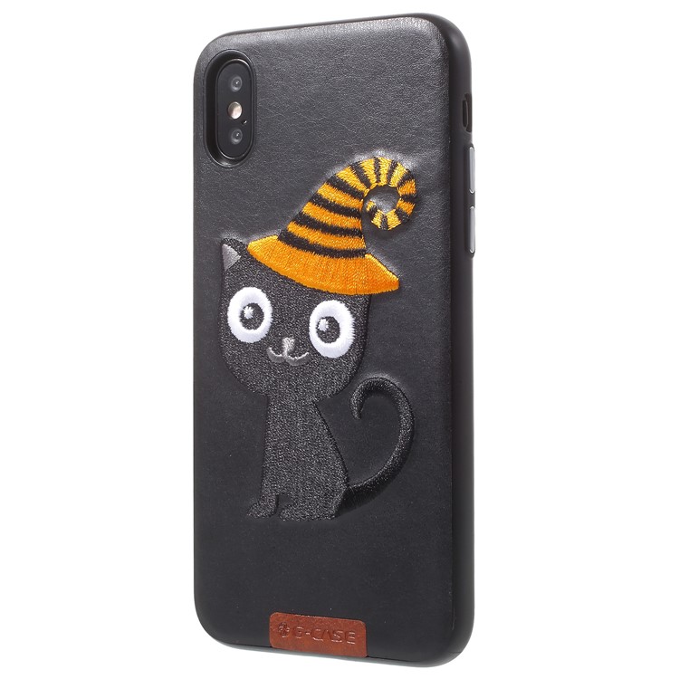 G-CASE Embroidery Leather Coated TPU Mobile Case for iPhone X/10 with Tempered Glass Screen Protector - Cat with Hat-1