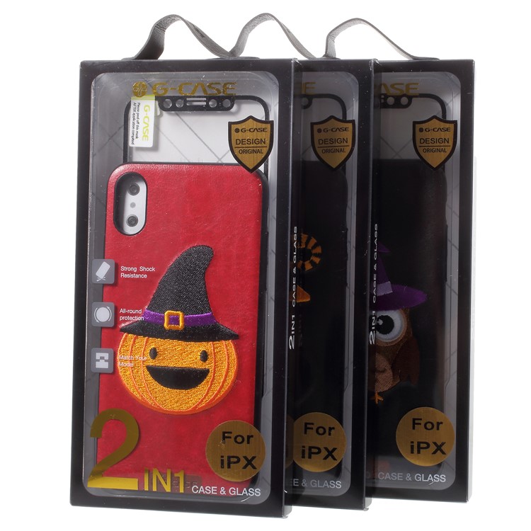 G-CASE Embroidery Leather Coated TPU Mobile Case for iPhone X/10 with Tempered Glass Screen Protector - Cat with Hat-10