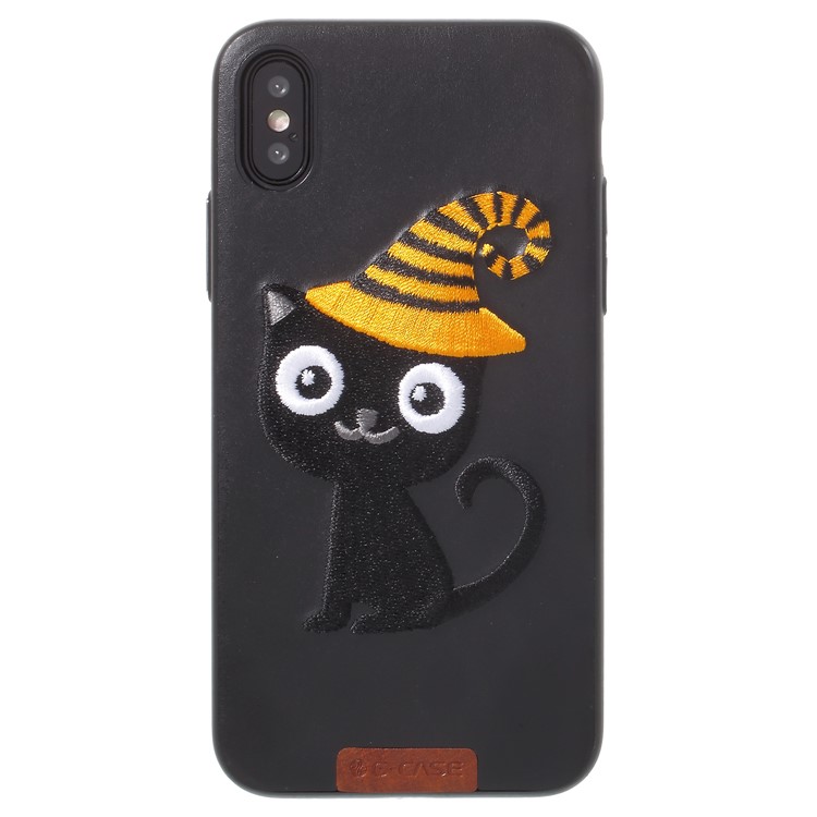 G-CASE Embroidery Leather Coated TPU Mobile Case for iPhone X/10 with Tempered Glass Screen Protector - Cat with Hat-3