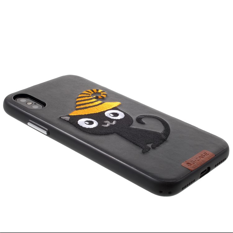 G-CASE Embroidery Leather Coated TPU Mobile Case for iPhone X/10 with Tempered Glass Screen Protector - Cat with Hat-4