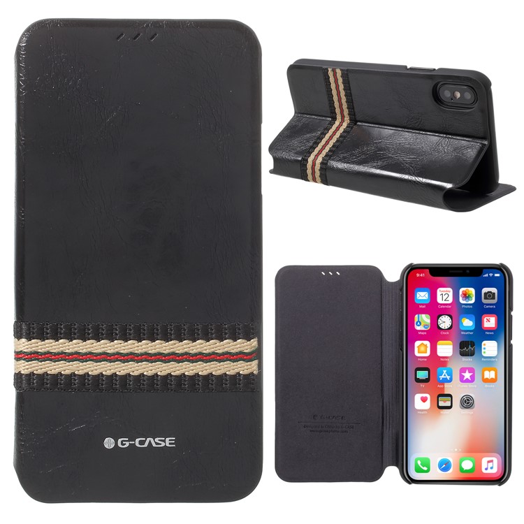 G-CASE Sanvo Series Stripe Decor Flip Stand PU Leather Case for iPhone X - Black-1