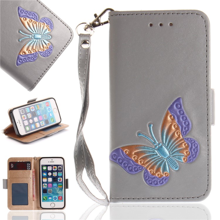 Butterfly Pattern Leather Wallet Case for iPhone SE/5s/5 - Grey-1