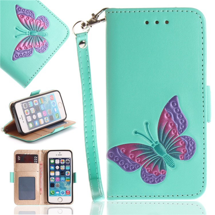 

Butterfly Pattern Wallet Leather Stand Case for iPhone SE/5s/5 - Cyan