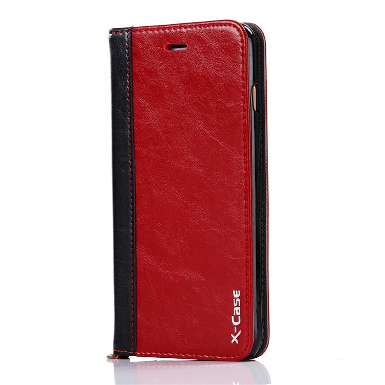 

XCASE Splicing Genuine Leather Auto-absorbed Stand Case with Card Slot for iPhone 8 Plus / 7 Plus 5.5 inch - Black / Red
