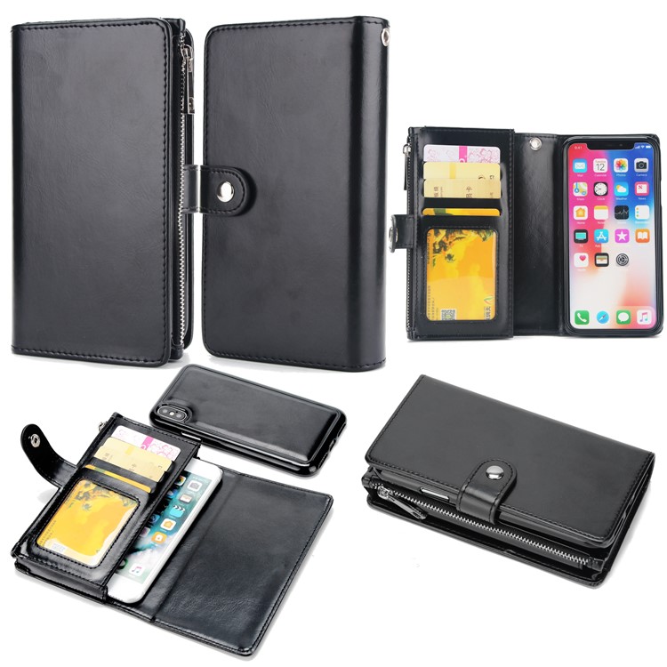 Double Side Pockets Leather Zipper Wallet Case for iPhone X - Black-1