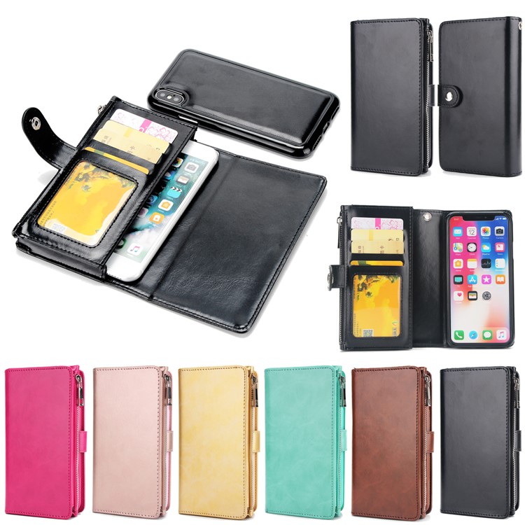 Double Side Pockets Leather Zipper Wallet Case for iPhone X - Black-11