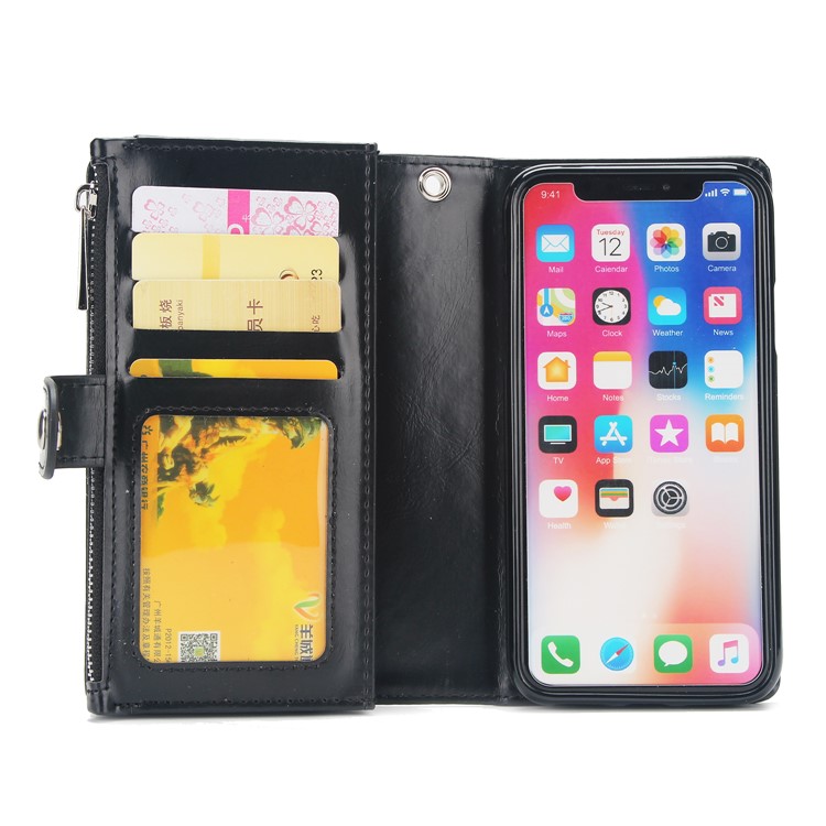 Double Side Pockets Leather Zipper Wallet Case for iPhone X - Black-4