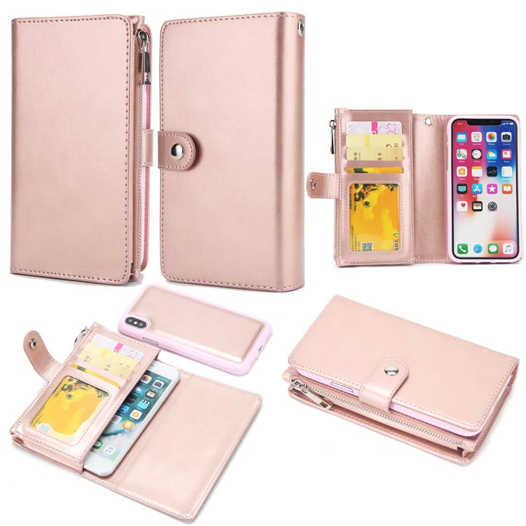 

Detachable 2-in-1 Double Side Pockets Leather Zipper Wallet Cover for iPhone X/XS 5.8 - Rose Gold