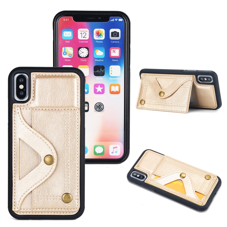 

For iPhone X/XS 5.8 inch Leather Coated TPU Card Slot Mirror Mobile Casing with Kickstand - Gold
