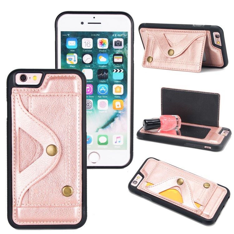 

PU Leather Coated TPU Phone Case with Card Slot Kickstand Mirror for iPhone 6s / 6 - Rose Gold