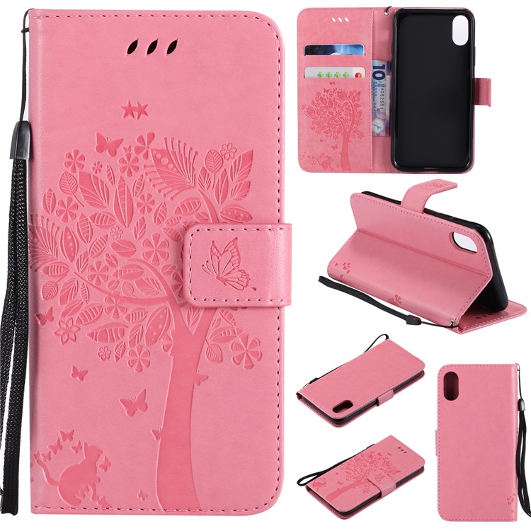 

Imprint Cat and Tree Wallet Stand PU Leather Mobile Phone Case with Lanyard for iPhone X - Pink