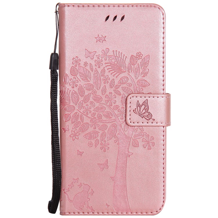 

Imprint Cat and Tree Wallet Stand PU Leather Mobile Phone Cover with Lanyard for iPhone 8 Plus / 7 Plus 5.5 inch - Rose Gold