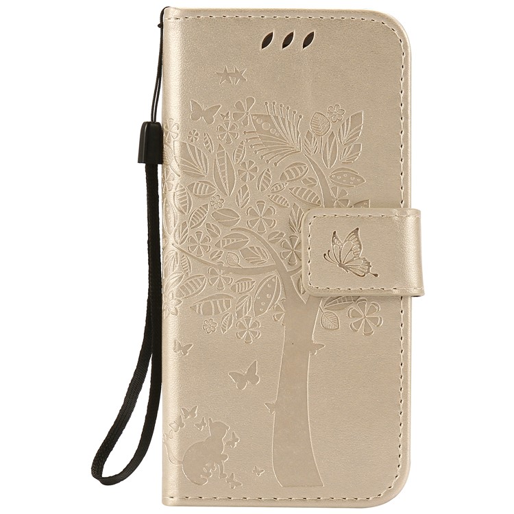 

For iPhone 8/7 4.7 Inch Imprinted Cat and Tree Leather sTAND Cover with Wrist Strap - Gold