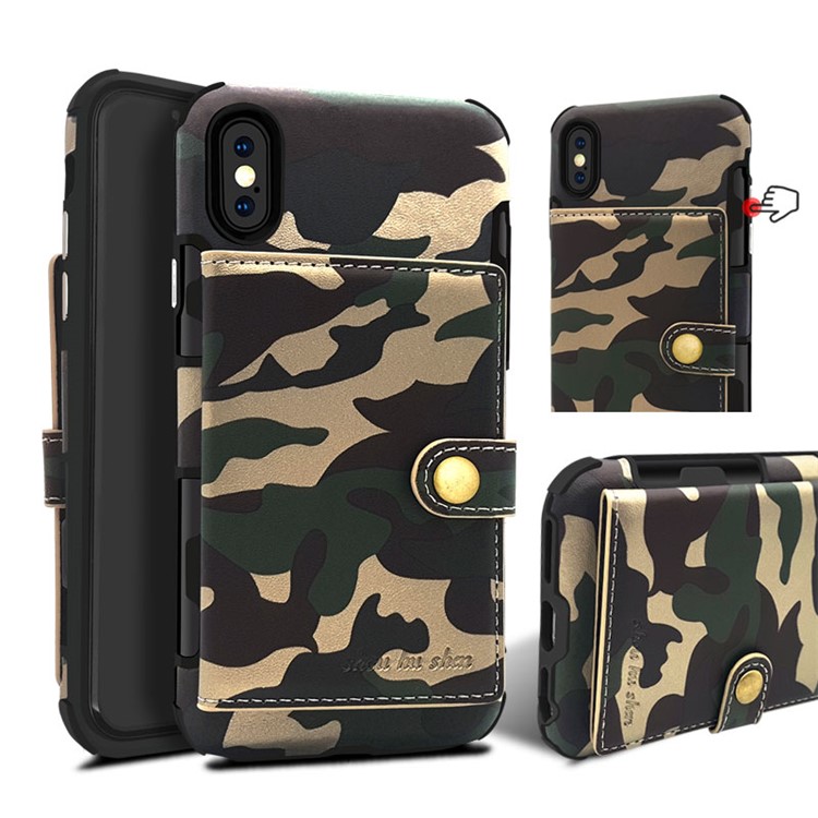 SHOUHUSHEN Camouflage Pattern Leather Coated Card Holder PC TPU Hybrid Case for iPhone X/10 - Green-1