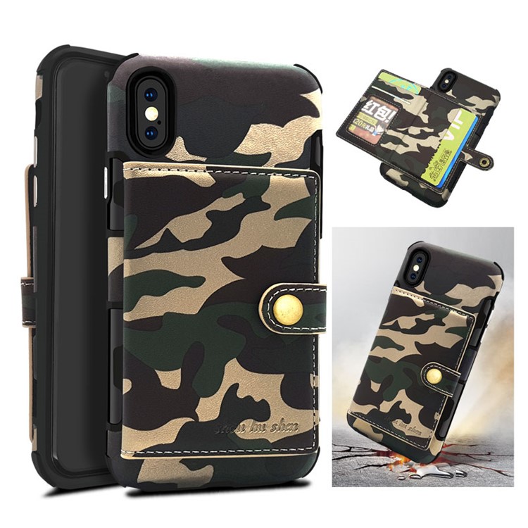 SHOUHUSHEN Camouflage Pattern Leather Coated Card Holder PC TPU Hybrid Case for iPhone X/10 - Green-14