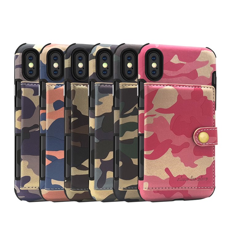 SHOUHUSHEN Camouflage Pattern Leather Coated Card Holder PC TPU Hybrid Case for iPhone X/10 - Green-15