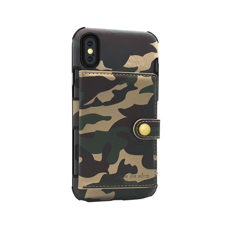 SHOUHUSHEN Camouflage Pattern Leather Coated Card Holder PC TPU Hybrid Case for iPhone X/10 - Green-2