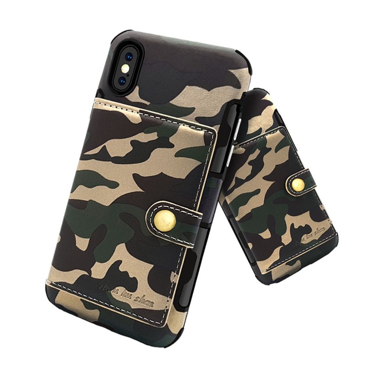 SHOUHUSHEN Camouflage Pattern Leather Coated Card Holder PC TPU Hybrid Case for iPhone X/10 - Green-3