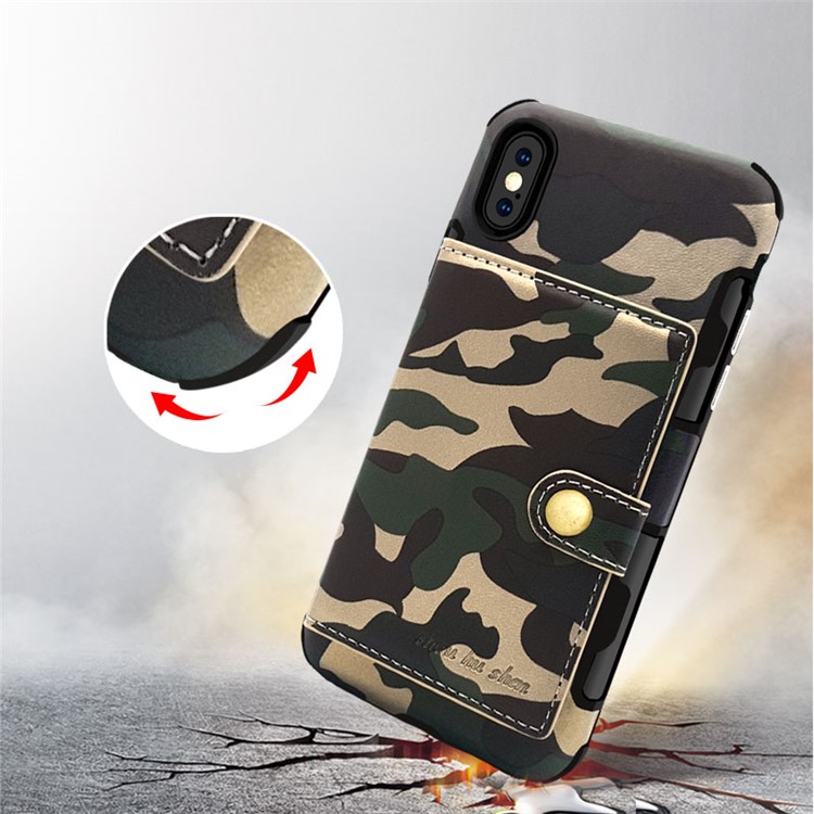 SHOUHUSHEN Camouflage Pattern Leather Coated Card Holder PC TPU Hybrid Case for iPhone X/10 - Green-4