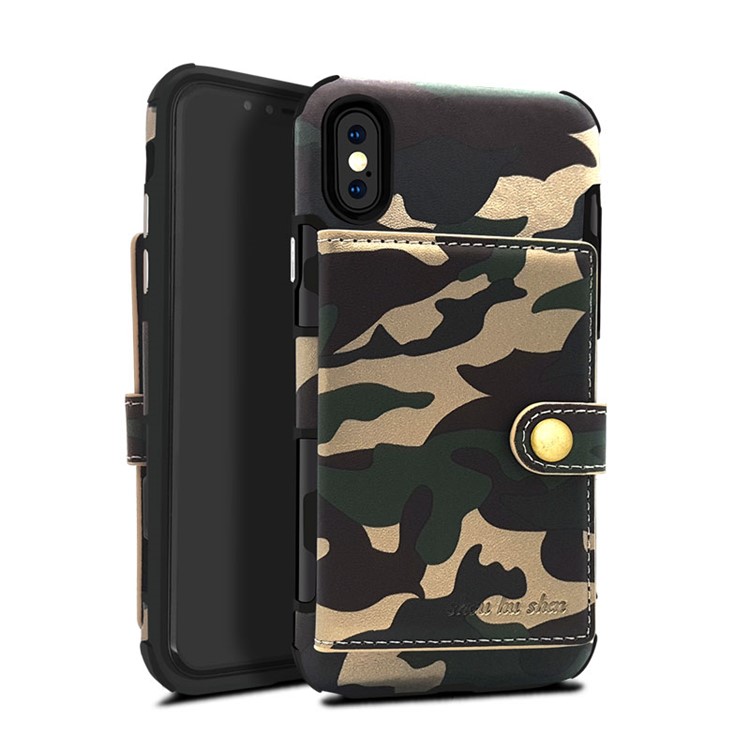 SHOUHUSHEN Camouflage Pattern Leather Coated Card Holder PC TPU Hybrid Case for iPhone X/10 - Green-5