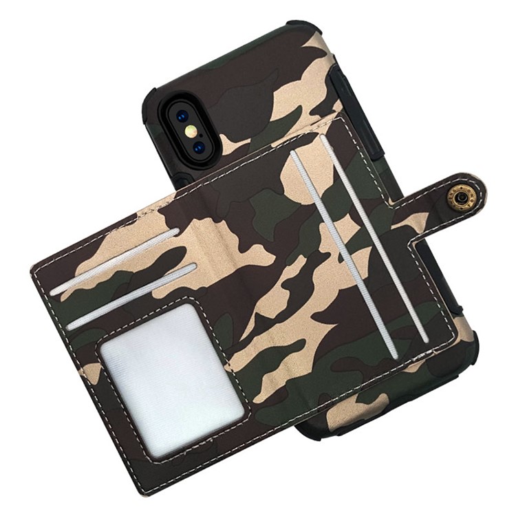 SHOUHUSHEN Camouflage Pattern Leather Coated Card Holder PC TPU Hybrid Case for iPhone X/10 - Green-6