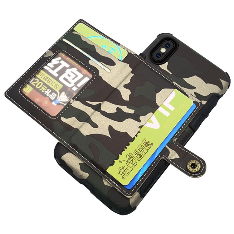 SHOUHUSHEN Camouflage Pattern Leather Coated Card Holder PC TPU Hybrid Case for iPhone X/10 - Green-7