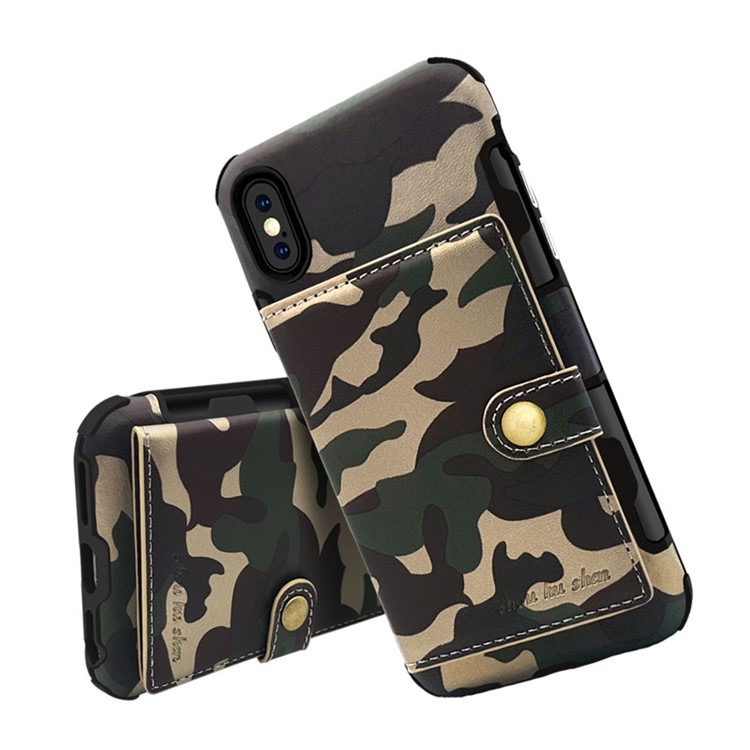 SHOUHUSHEN Camouflage Pattern Leather Coated Card Holder PC TPU Hybrid Case for iPhone X/10 - Green-8