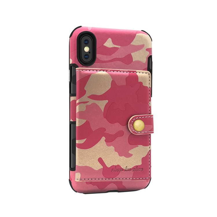 

SHOUHUSHEN Camouflage Pattern Leather Coated Card Holder PC TPU Back Case for iPhone X/10 - Rose