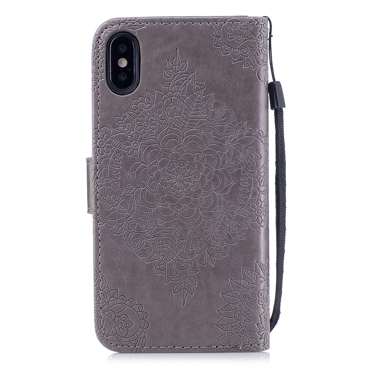 Imprinted Blue and White Porcelain Pattern Leather Flip Stand Case with Strap for iPhone X(Ten) - Grey-2