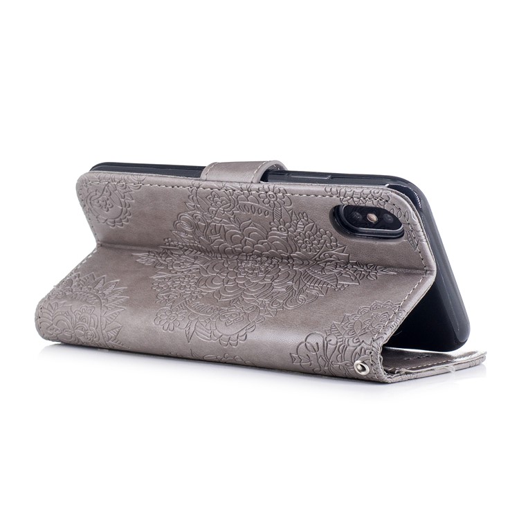 Imprinted Blue and White Porcelain Pattern Leather Flip Stand Case with Strap for iPhone X(Ten) - Grey-3