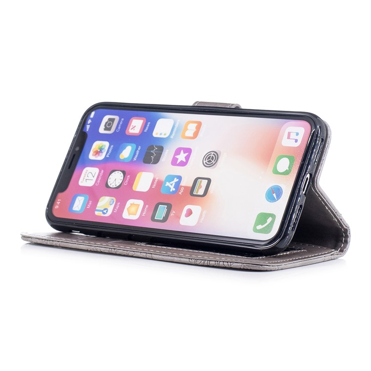 Imprinted Blue and White Porcelain Pattern Leather Flip Stand Case with Strap for iPhone X(Ten) - Grey-4