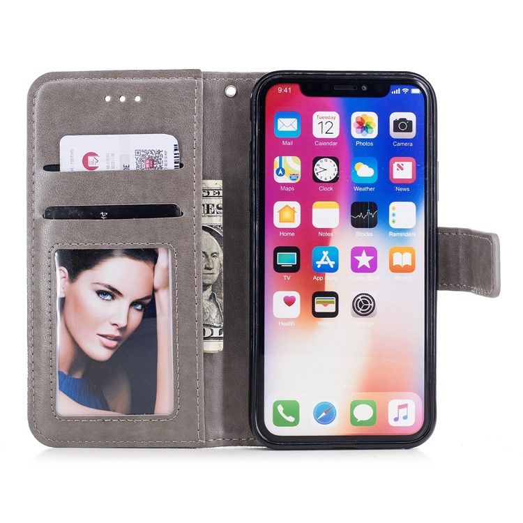 Imprinted Blue and White Porcelain Pattern Leather Flip Stand Case with Strap for iPhone X(Ten) - Grey-7