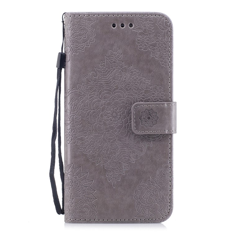 Imprint Classical Flower Pattern Leather Wallet Stand Case with Strap for iPhone 8 Plus / 7 Plus 5.5 inch - Grey-1
