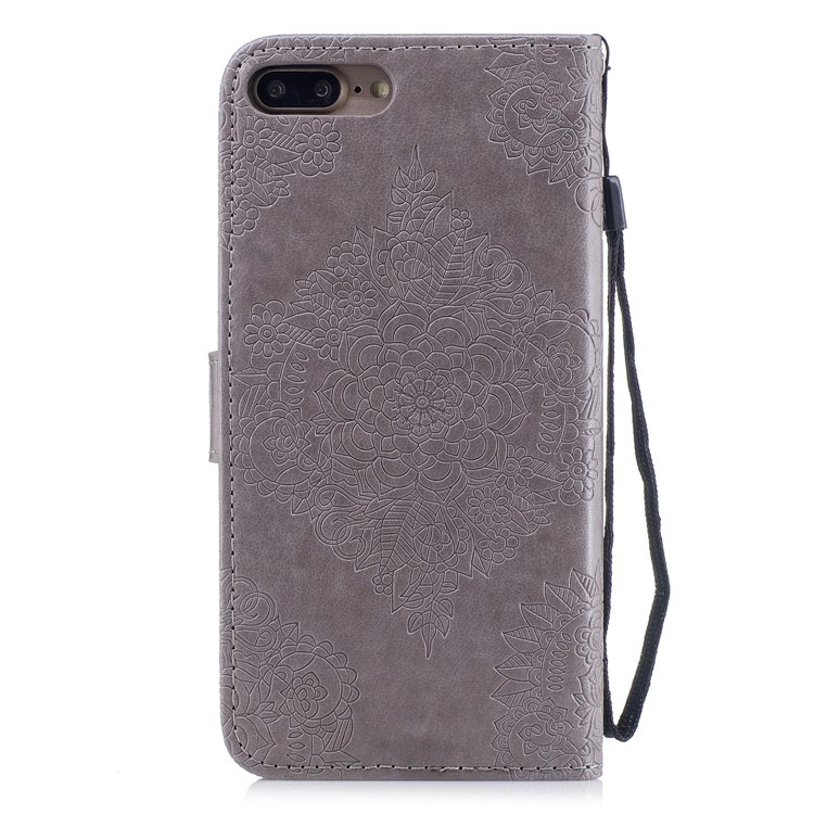Imprint Classical Flower Pattern Leather Wallet Stand Case with Strap for iPhone 8 Plus / 7 Plus 5.5 inch - Grey-2