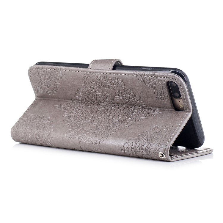 Imprint Classical Flower Pattern Leather Wallet Stand Case with Strap for iPhone 8 Plus / 7 Plus 5.5 inch - Grey-3