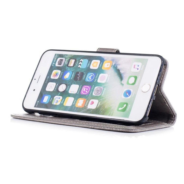 Imprint Classical Flower Pattern Leather Wallet Stand Case with Strap for iPhone 8 Plus / 7 Plus 5.5 inch - Grey-4