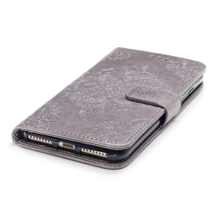 Imprint Classical Flower Pattern Leather Wallet Stand Case with Strap for iPhone 8 Plus / 7 Plus 5.5 inch - Grey-5