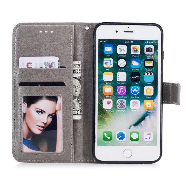 Imprint Classical Flower Pattern Leather Wallet Stand Case with Strap for iPhone 8 Plus / 7 Plus 5.5 inch - Grey-7