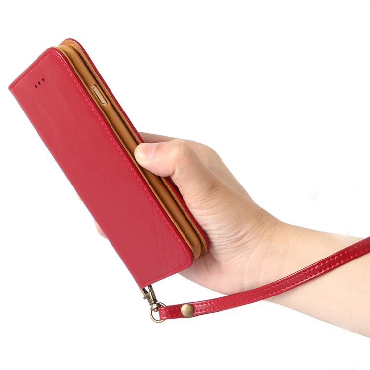 Oil Wax Genuine Leather Card Slots Stand Auto-absorbed Case for iPhone 8 / 7 4.7 inch - Red-15