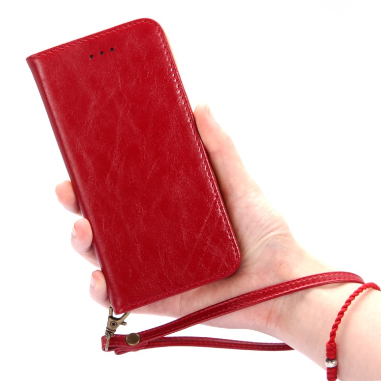 Oil Wax Genuine Leather Card Slots Stand Auto-absorbed Case for iPhone 8 / 7 4.7 inch - Red-16