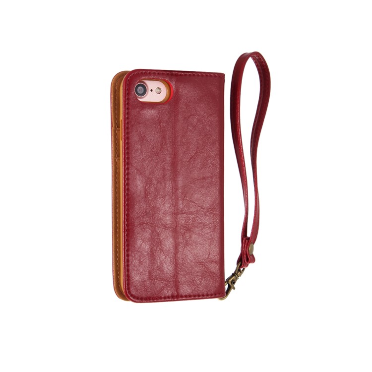 Oil Wax Genuine Leather Card Slots Stand Auto-absorbed Case for iPhone 8 / 7 4.7 inch - Red-2